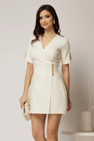 Rochie DY Fashion scurta ivoar cu decolteu petrecut si nasturi pe maneci