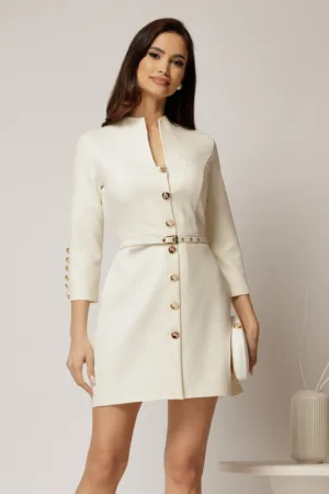 Rochie DY Fashion scurta ivoar cu inchidere cu nasturi si curea in talie