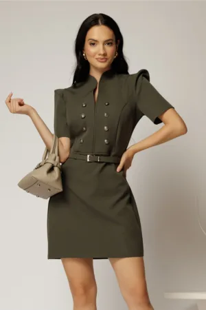 Rochie DY Fashion scurta kaki cu nasturi decorativi pe bust si maneca scurta