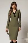 Rochie DY Fashion scurta kaki office conica cu decolteu in V si funda