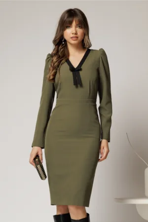 Rochie DY Fashion scurta kaki office conica cu decolteu in V si funda