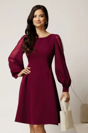 Rochie DY Fashion scurta magenta din stofa in clini cu maneci din tull cu buline