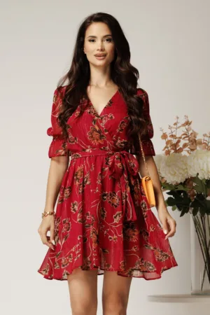 Rochie DY Fashion scurta magenta din voal cu imprimeu floral si fir lurex