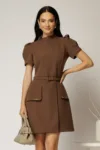 Rochie DY Fashion scurta maro cu aplicatii pe capace si decolteu rotund