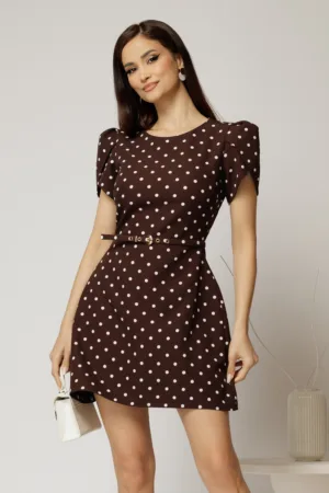 Rochie DY Fashion scurta maro cu buline si maneci tip lalea