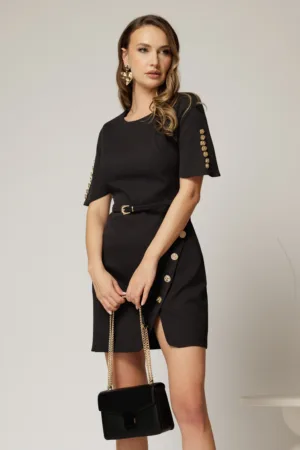 Rochie DY Fashion scurta neagra cu nasturi pe maneci si fusta
