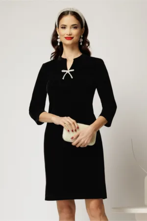 Rochie DY Fashion scurta neagra din catifea fixa cu funda perla