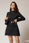 Rochie DY Fashion scurta neagra din stofa cu clapete tip buzunare si curea in talie