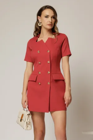 Rochie DY Fashion scurta rosu caramiziu tip sacou cu maneci scurte