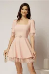 Rochie DY Fashion scurta roz cu dantela la fusta si maneci