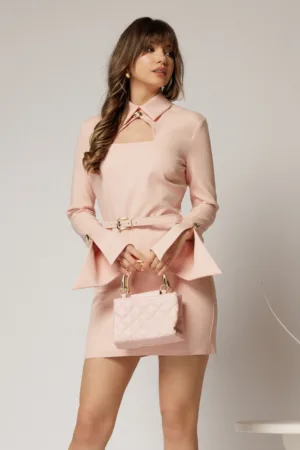 Rochie DY Fashion scurta roz cu guler tip camasa si accesoriu