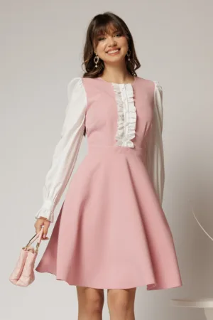 Rochie DY Fashion scurta roz cu maneci lungi din poplin si volanase