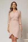Rochie DY Fashion scurta roz cu talia impletita si maneci bufante