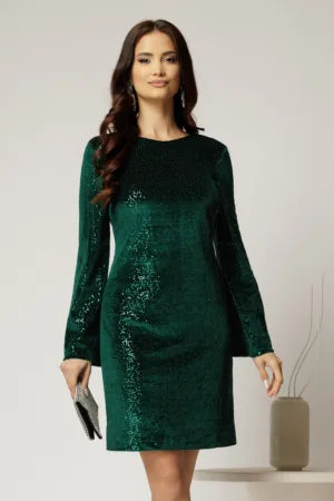 Rochie DY Fashion scurta verde din catifea cu paiete si funda la spate
