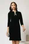 Rochie DY Fashion scurta verde din catifea fixa cu funda perla