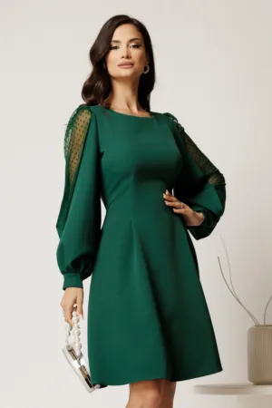 Rochie DY Fashion scurta verde din stofa in clini cu maneci din tull cu buline