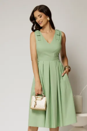 Rochie DY Fashion scurta verde fistic din poplin cu funde pe umeri