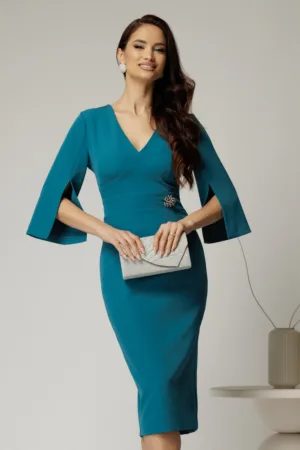 Rochie DY Fashion turcoaz conica cu maneci crapate si brosa detasabila