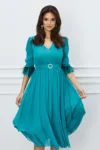 Rochie DY Fashion turcoaz cu pene la maneci si accesoriu in talie