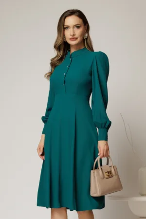 Rochie DY Fashion turcoaz din triplu voal cu guler tunica si nasturi tip floare