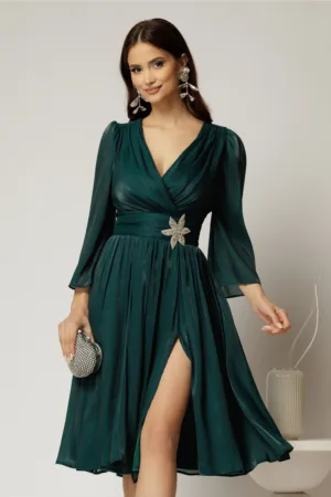 Rochie DY Fashion turcoaz din voal cu pelicula decolteu petrecut si detaliu pe talie