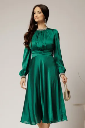 Rochie DY Fashion verde crud din voal cu perle la guler si maneci