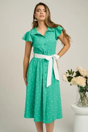 Rochie DY Fashion verde cu buline si cordon in talie
