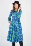Rochie DY Fashion verde cu imprimeuri albastre si nasturi