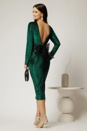 Rochie DY Fashion verde din catifea cu paiete si funda maxi la spate