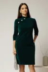 Rochie DY Fashion verde din catifea fixa cu guler tunica si nasturi