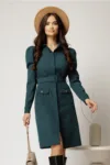Rochie DY Fashion verde din catifea reiata tip camasa si curea in talie