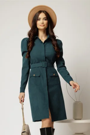 Rochie DY Fashion verde din catifea reiata tip camasa si curea in talie