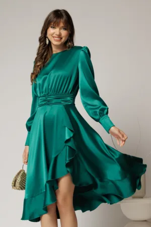 Rochie DY Fashion verde din satin plin cu croi asimetric
