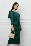 Rochie DY Fashion verde din tafta cu funda pe umar