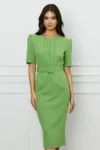 Rochie DY Fashion verde fistic cu pliuri pe bust si curea in talie