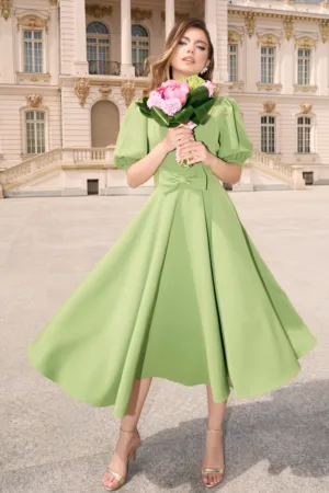 Rochie DY Fashion verde fistic din stofa in clos cu funda in talie
