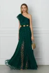 Rochie DY Fashion verde lunga din tull cu buline catifelate si curea in talie