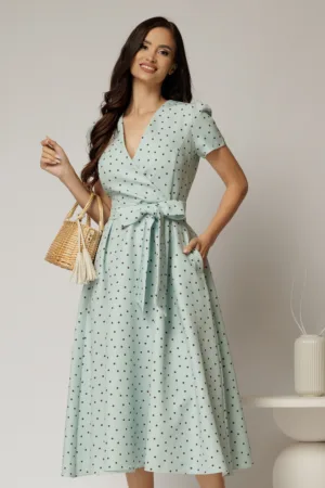 Rochie DY Fashion verde menta cu buline cu decolteu petrecut si cordon in talie