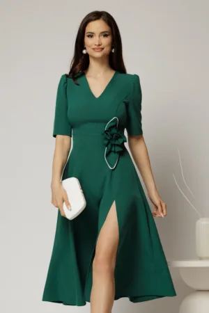 Rochie DY Fashion verde midi cu detaliu floral pe talie si decolteu in V