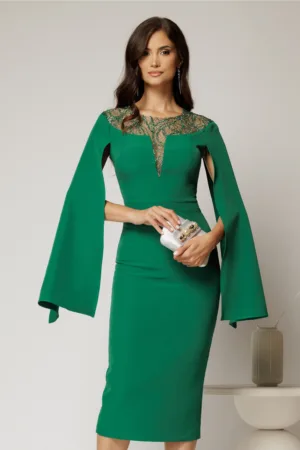 Rochie DY Fashion verde midi cu manecile lungi crapate si aplicatii la bust
