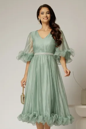 Rochie DY Fashion verde mint din voal creponat cu volanase si decolteu in V