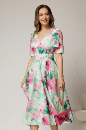Rochie DYFashion midi clos cu funda pe umar si print verde si fucsia