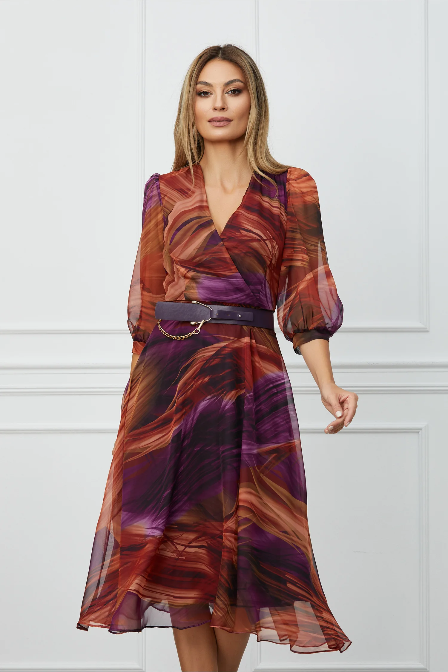 Rochie Daniela orange cu imprimeuri mov si curea in talie