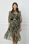 Rochie Daniela verde cu zebra print roz si curea in talie