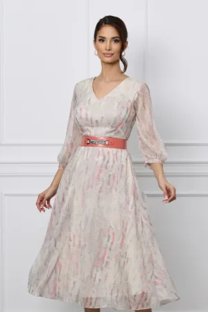 Rochie Delia ivory cu imprimeu roz si curea in talie