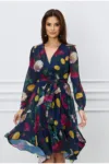 Rochie Denisa bleumarin cu flori galbene si cordon in talie