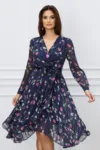 Rochie Denisa bleumarin cu imprimeuri florale si cordon in talie