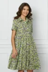 Rochie Dora verde cu flori mov tip camasa