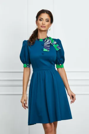 Rochie Dy Fashion albastra cu mansete si guler cu imprimeu