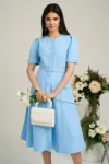 Rochie Dy Fashion bleu de zi cu nasturi si curea in talie